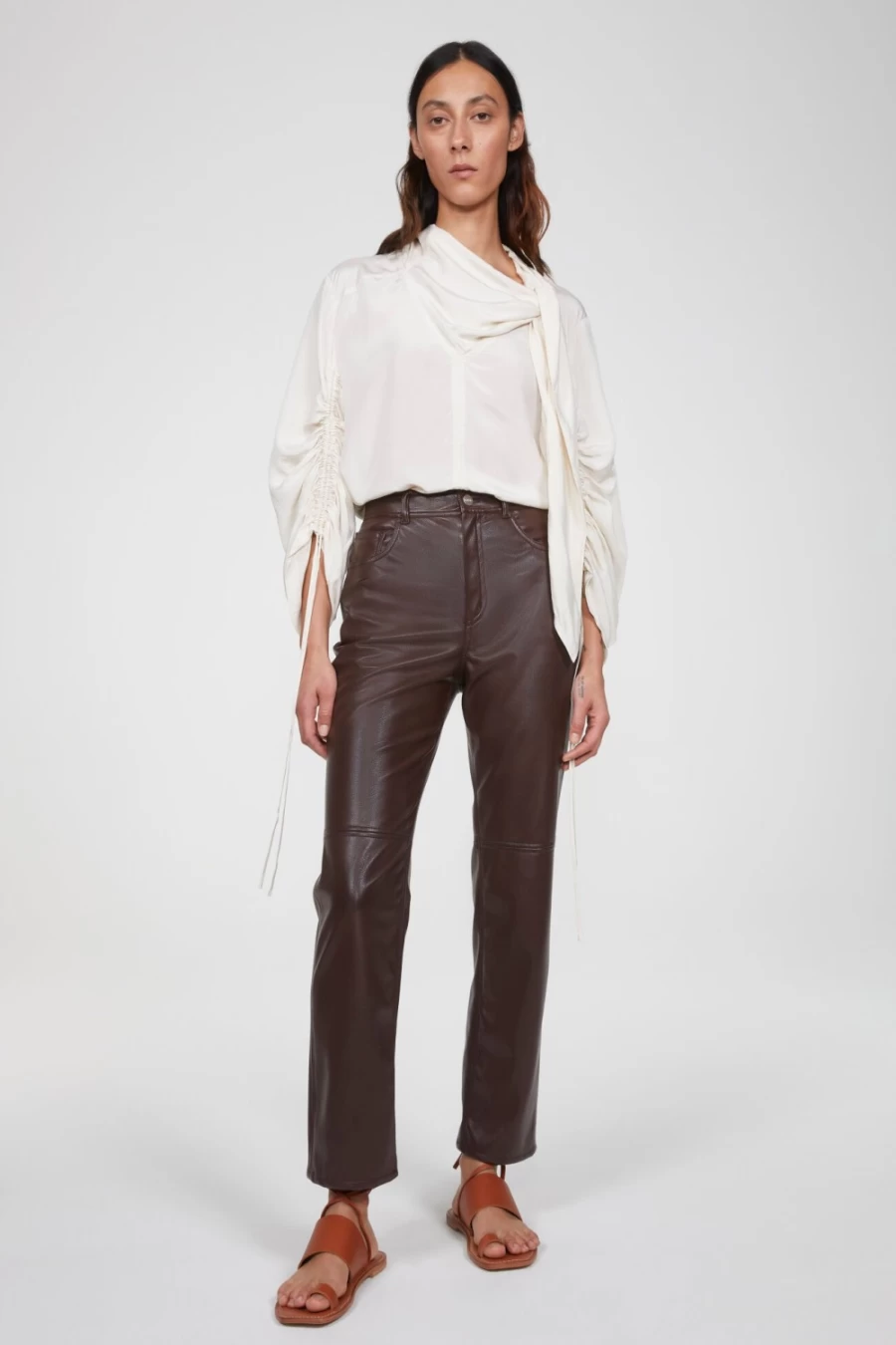 Rodebjer Women's Dark Wood Faux Leather Pants - High-Waisted Vegan Leather Trousers for Women