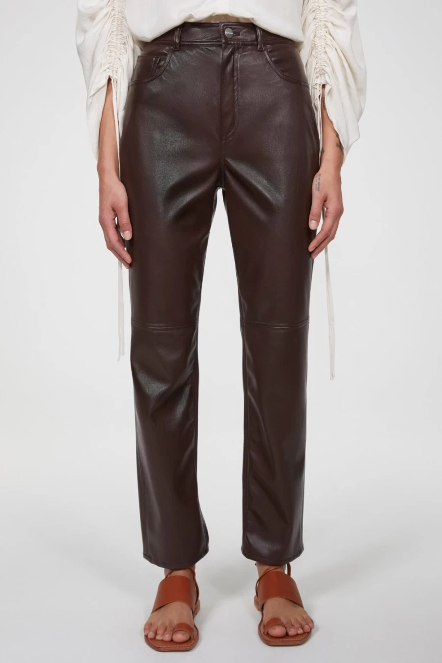 Rodebjer Women's Dark Wood Faux Leather Pants - High-Waisted Vegan Leather Trousers for Women