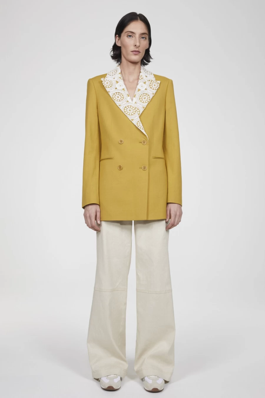 Rodebjer Women's Mustard Como Crochet Blazer - Handmade Knit Cardigan