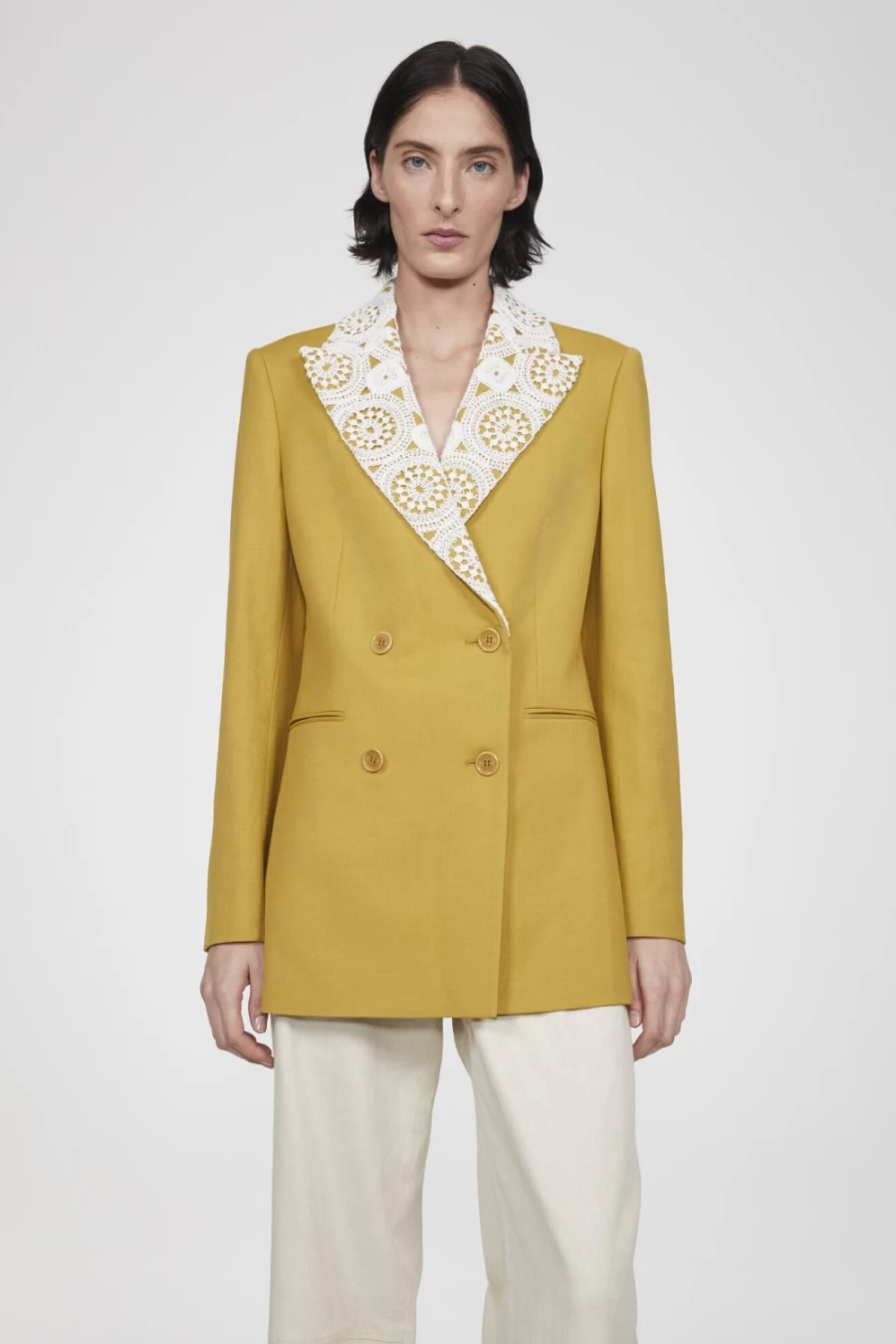 Rodebjer Women's Mustard Como Crochet Blazer - Handmade Knit Cardigan