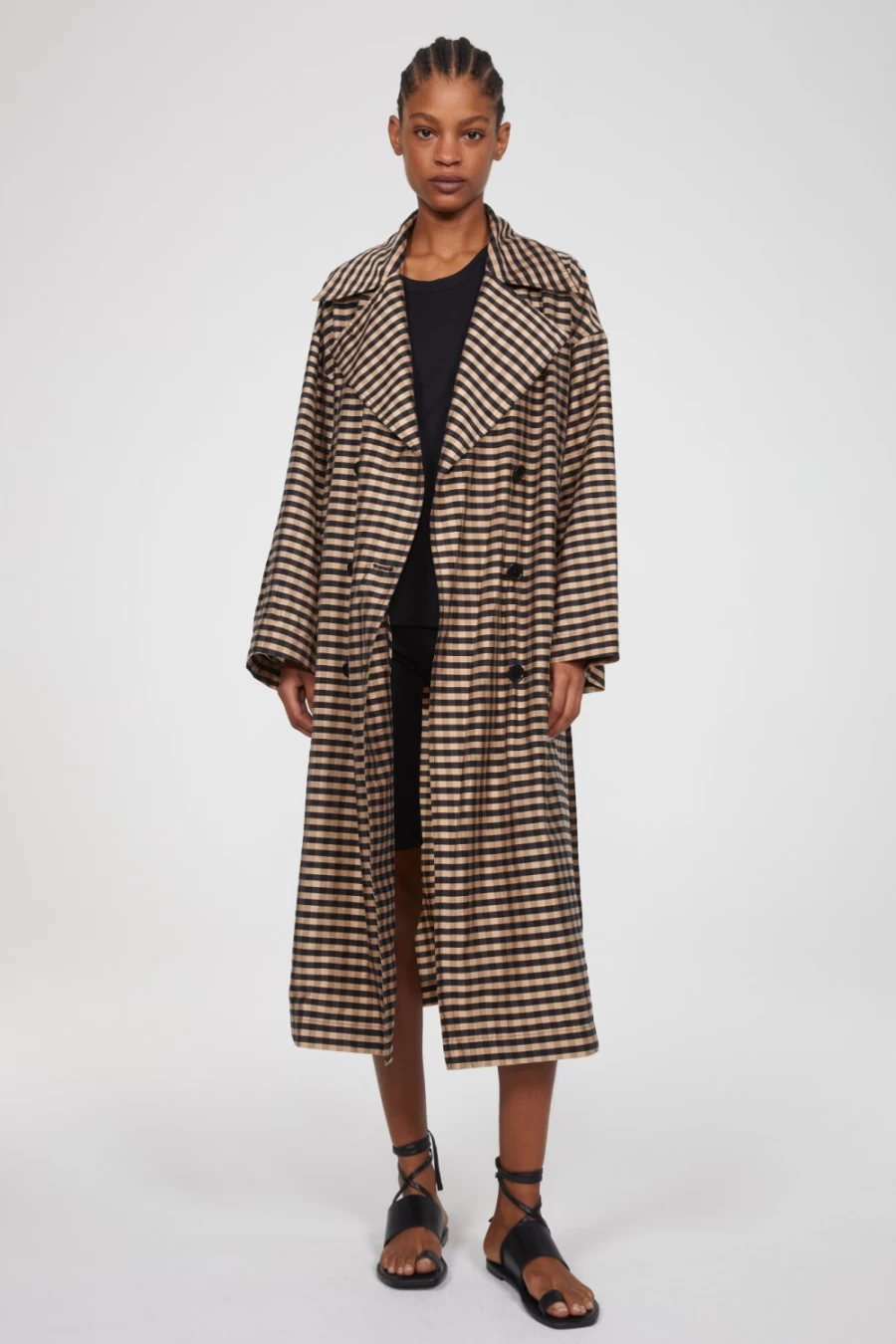 Rodebjer Women's Beige & Black Gem Checked Trench Coat | Classic Stylish Outerwear