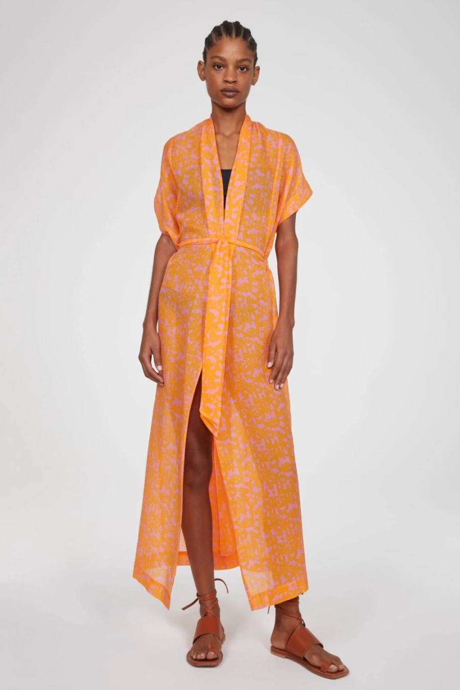 Rodebjer Olympia Waffle Silk Caftan for Women - Orange Haze Elegant Loungewear