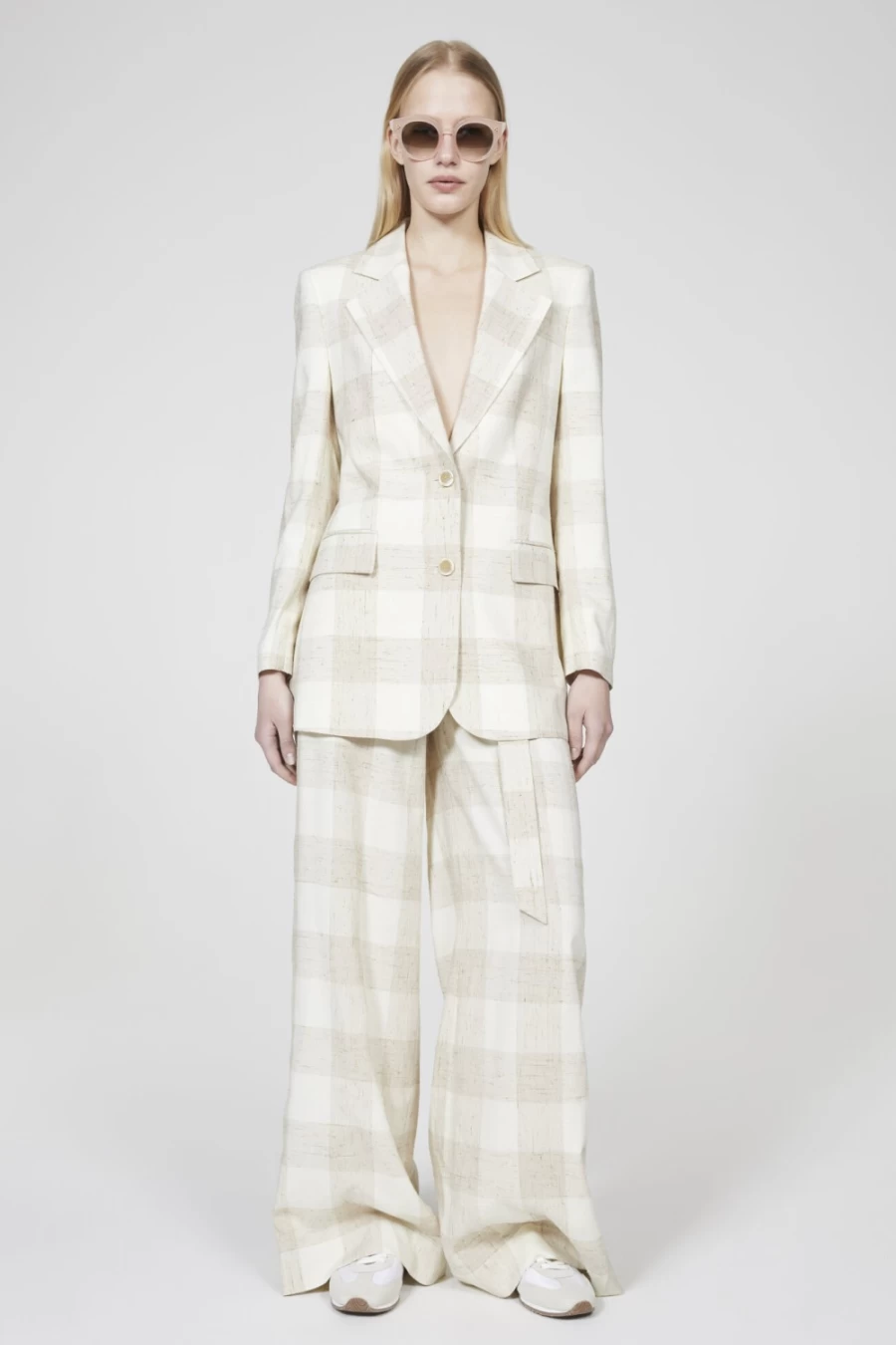 Rodebjer Women's Beige Silk-Check Blazer - Violante Tailored Jacket