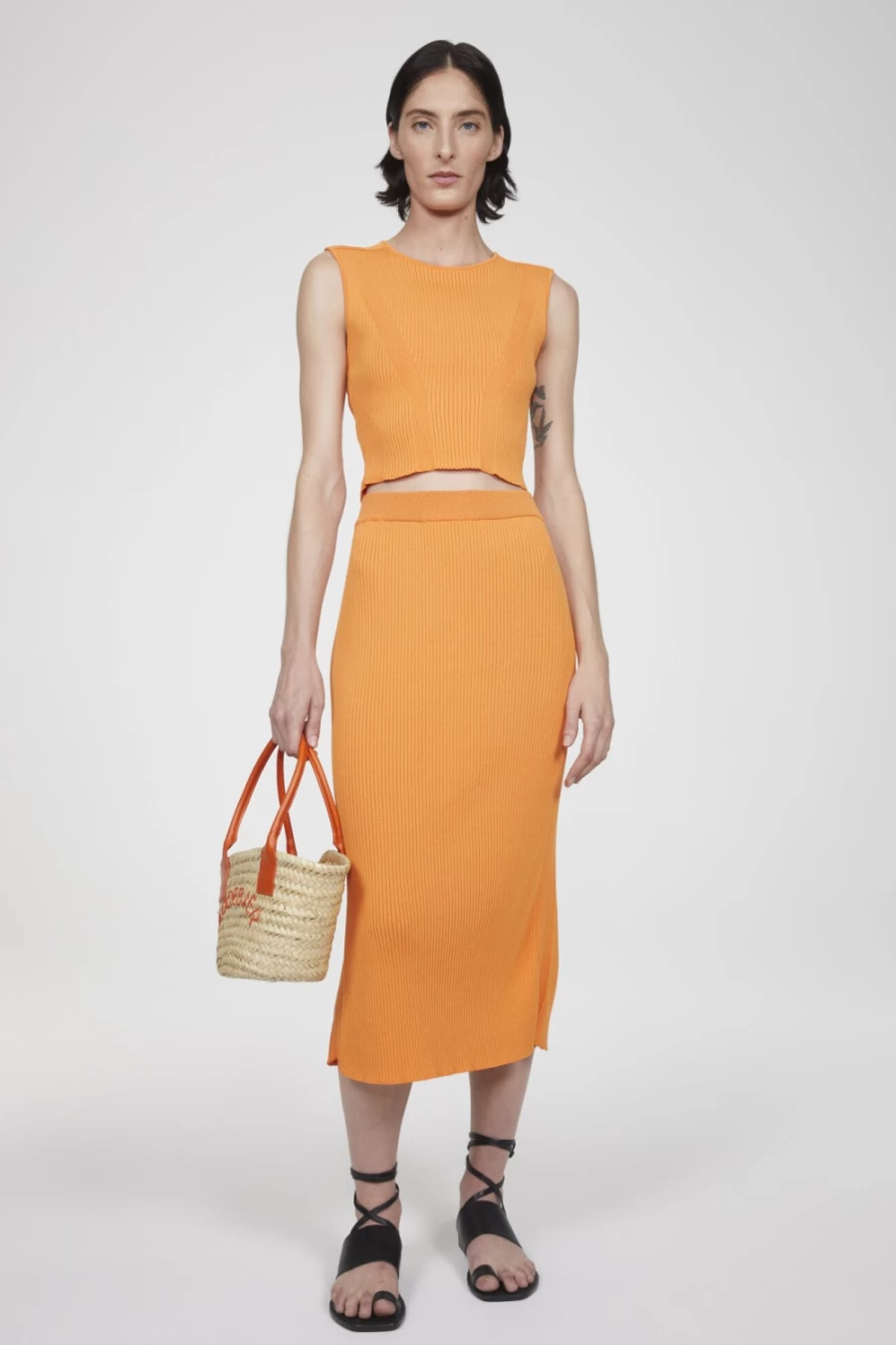 Rodebjer Women's Orange Haze Bria Rib Knit Skirt - Stretch Comfort Fit Midi Skirt