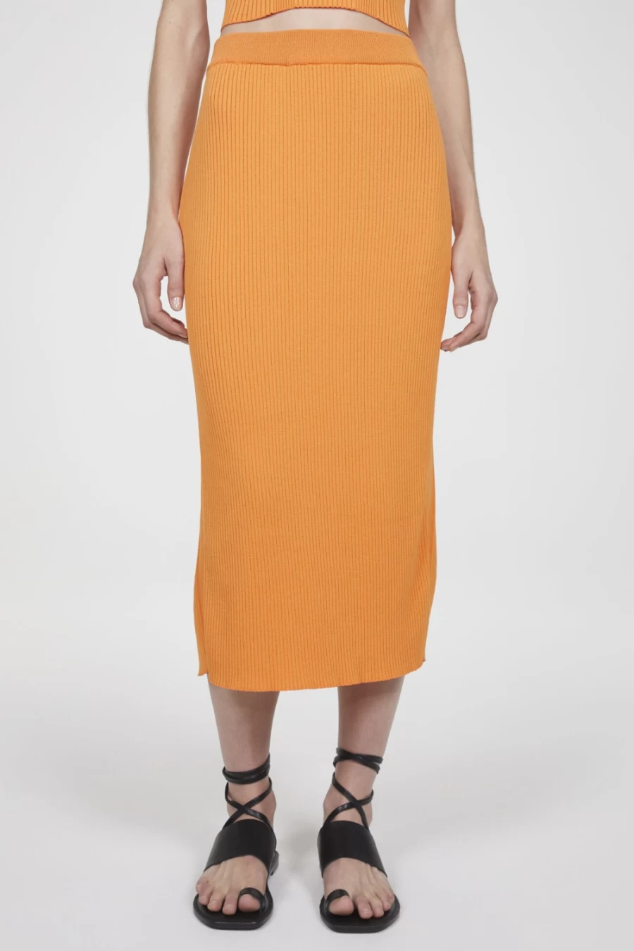 Rodebjer Women's Orange Haze Bria Rib Knit Skirt - Stretch Comfort Fit Midi Skirt