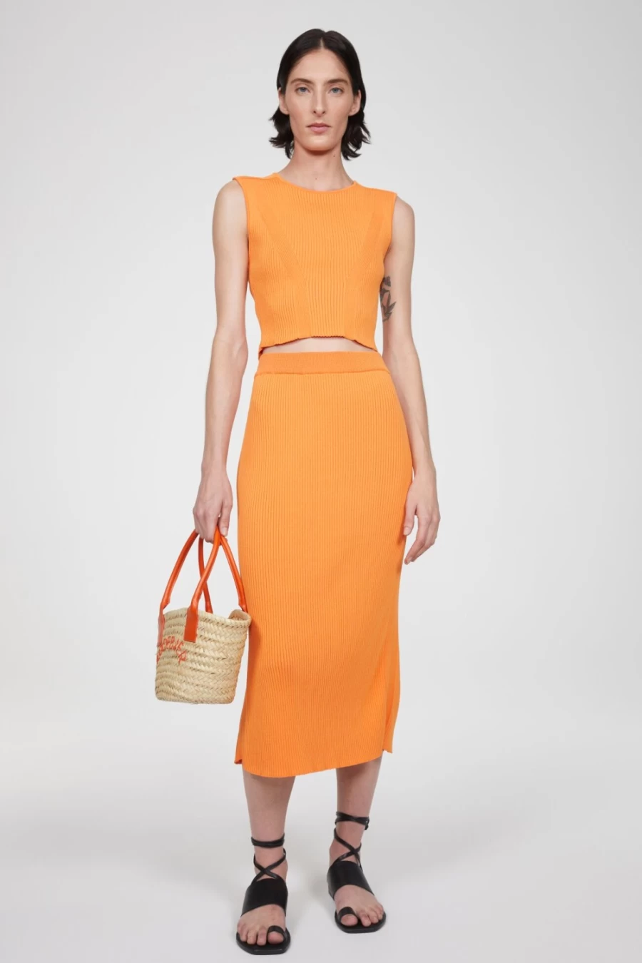 Rodebjer Women's Orange Haze Bria Rib Knit Skirt - Stretch Comfort Fit Midi Skirt
