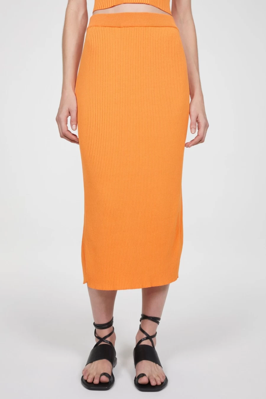 Rodebjer Women's Orange Haze Bria Rib Knit Skirt - Stretch Comfort Fit Midi Skirt